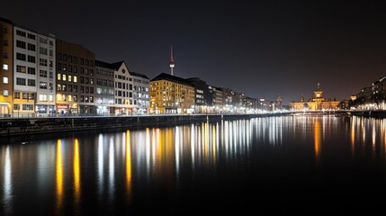 Obraz premium Night City Panorama Along A River
