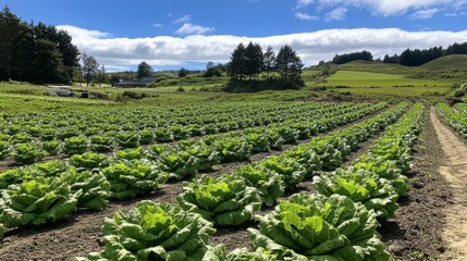 2.A vibrant agricultural field with rows of lush butterhead lettuce Analotta, displaying uniform green heads under bright sunlight, with the soil appearing moist and fertile.