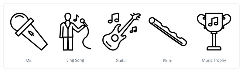 A set of 5 music icons as mic, sing song, guitar