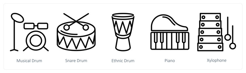 A set of 5 music icons as musical drum, snare drum, ethnic drum