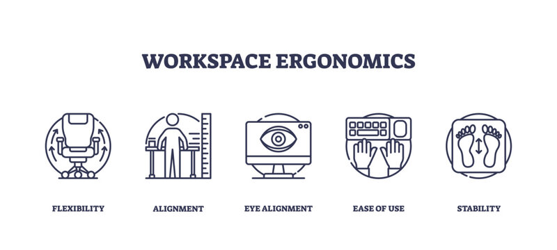 Workspace ergonomics focuses on flexibility, alignment, and ease of use. Outline icons set.