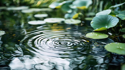 Ripples in a tranquil pond with lush green lily pads.  Water droplet impact creates concentric circles.  Sunlight filters through foliage.  Calm, serene, and peaceful.
