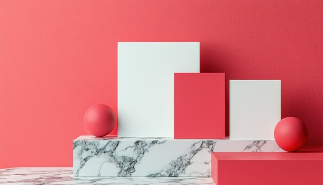 Contemporary branding concept with coral and white cards displayed on a marble-textured platform, accented by warm red and blush tones