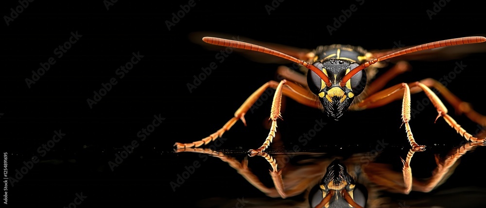Aufkleber striking macro of a wasp with detailed features and reflection on a dark background