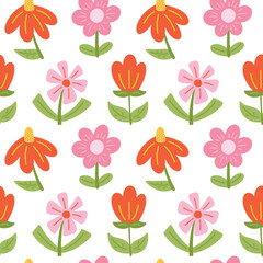 Seamless pattern background with simple hand drawn flat bright spring flowers over white background. Cute childish springtime print