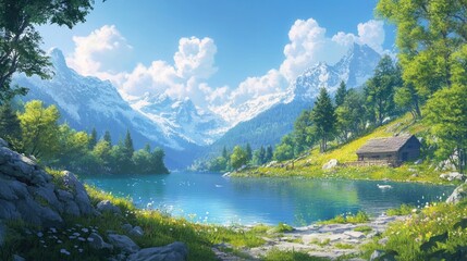 Fototapeta premium Stunning summer day by a tranquil alpine lake.