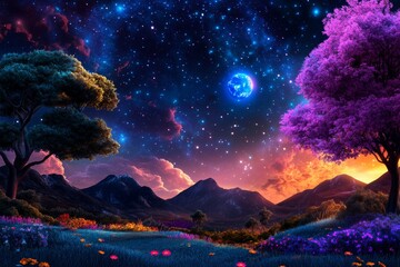 Kids discovering a friendly alien on a distant, vibrant planet. Generative AI