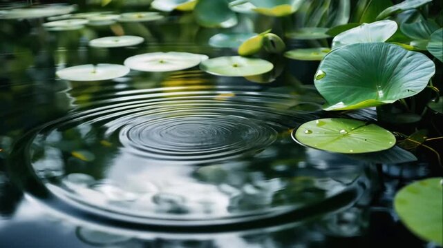 Ripples on a pond with water lily pads.