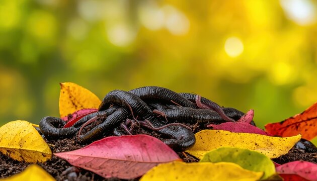 Detailed shot of worms wriggling in moist, nutrient-dense soil, surrounded by colorful plant debris in an outdoor compost setting