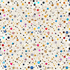 Seamless festive pattern with geometric shapes, stars, and confetti