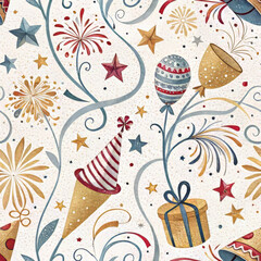 Seamless festive pattern with fireworks, stars, and party elements