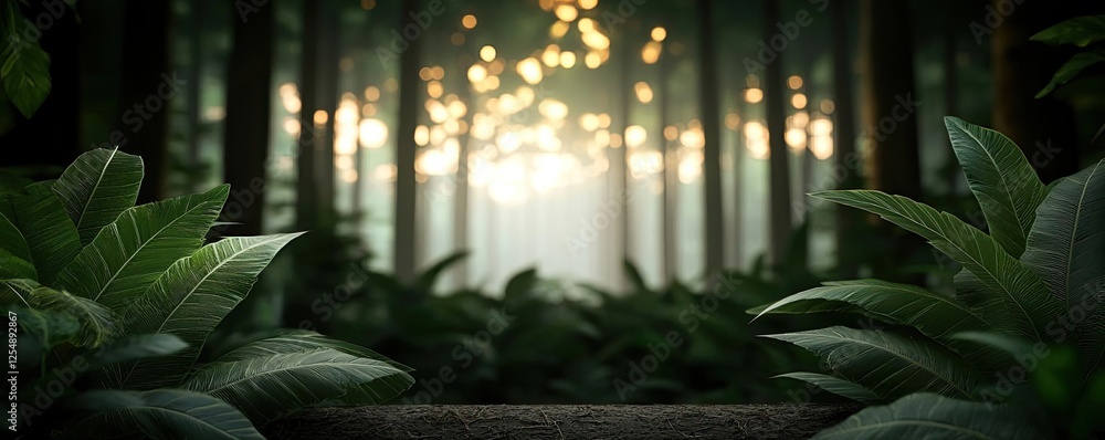 Poster glow forest idea. a serene forest scene with illuminated foliage and gentle light filtering through 