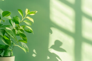 Naklejka premium Sunlit green plant casting shadow on pastel green wall in minimalist interior design