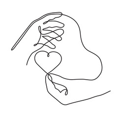 Hand with heart one line art,love feeling concept continuous contour drawing,hand-drawn Valentine's day decoration.Romance,engagement and marriage symbol. Editable stroke.Isolated.Vector illustration