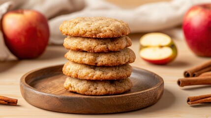 Freshly baked cinnamon apple cookies stacked on a wooden plate, complemented by warm, natural tones and a homey atmosphere