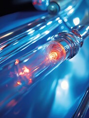 Abstract Glass Tubes with Glowing Orange Light on Blue Surface Futuristic Design
