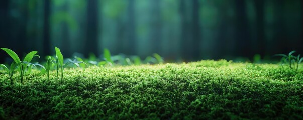 Glow forest concept. Vibrant green moss carpet covering the forest floor, bathed in soft, natural light.