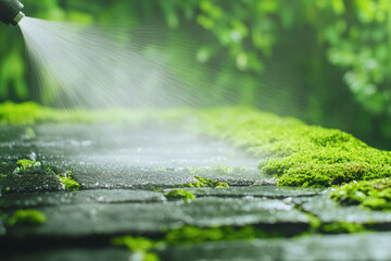 Water spray brushing over garden stones with green moss creating misty atmosphere in peaceful nature scene