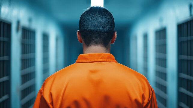 Young Asian man in an orange prison uniform standing in dimly lit corridor of a detention facility contemplative mood
