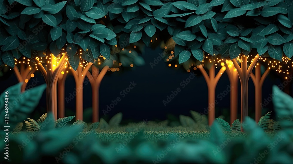 Aufkleber glow forest idea. lush green trees illuminated with soft lights, creating a magical forest atmospher