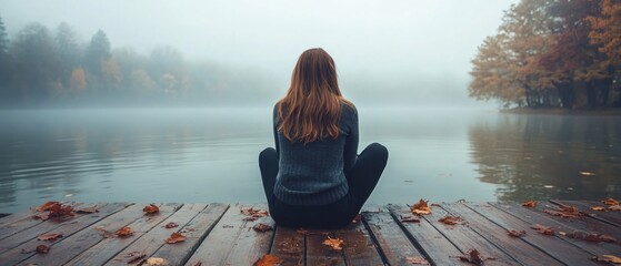 Woman Seated on Dock Contemplating Misty Lake During Autumnal Season Serene and Peaceful