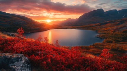 Sunset landscape of a serene lake surrounded by red autumn foliage