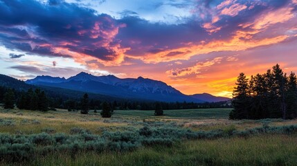 Fototapeta premium Sunset over a mountain landscape with vibrant skies.