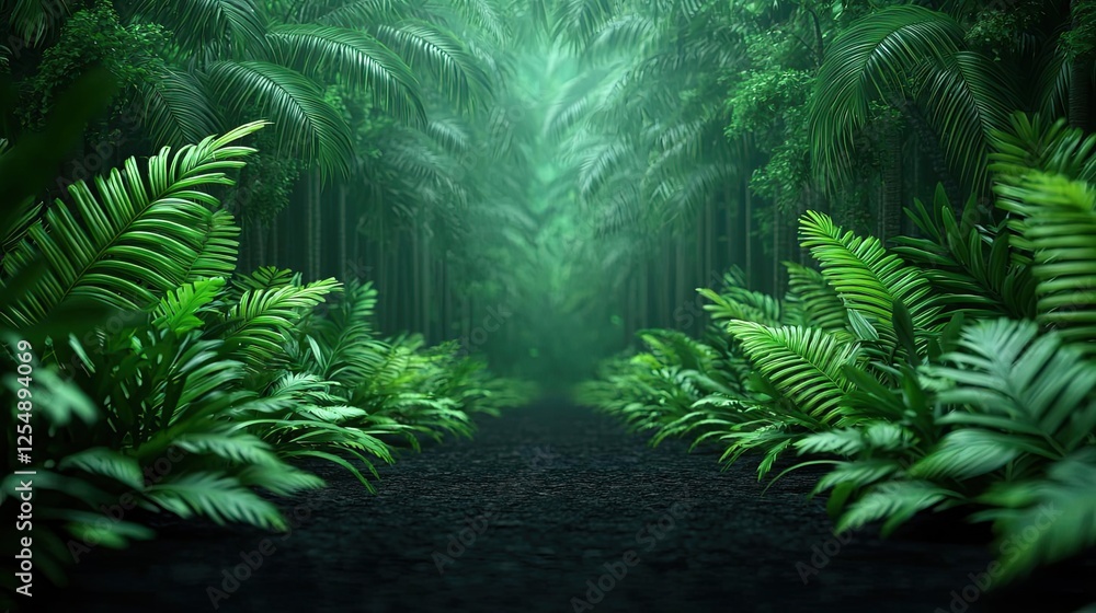 Poster glow forest idea. lush green ferns lining a tranquil path in a serene forest setting.