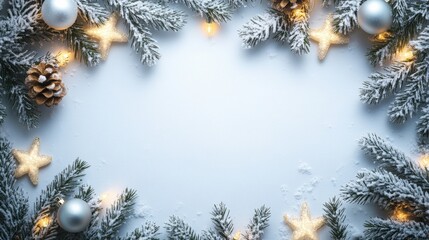 Christmas wreath with ornaments and lights on a white canvas background
