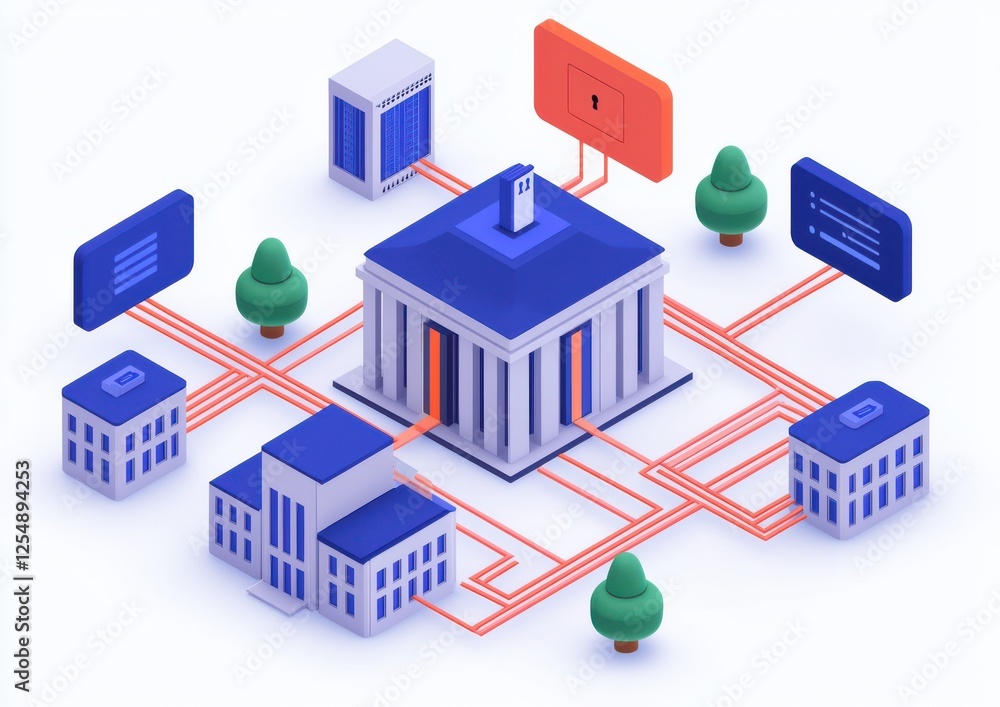 Poster a stylized illustration of a central building connected to smaller structures, featuring a network o