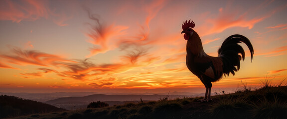 Elegant French rooster silhouette against vibrant sunset, rural charm