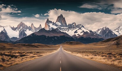 Fototapeta premium Amazing Highway Stretching Through Majestic Mountains Under Dramatic Cloudy Sky 