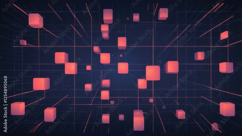 Poster abstract digital space with floating cubes and grid lines background