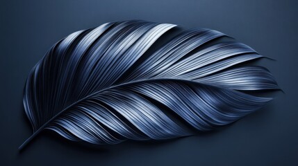 Black and white leaf on dark background with abstract palm leaf textures in blue tone