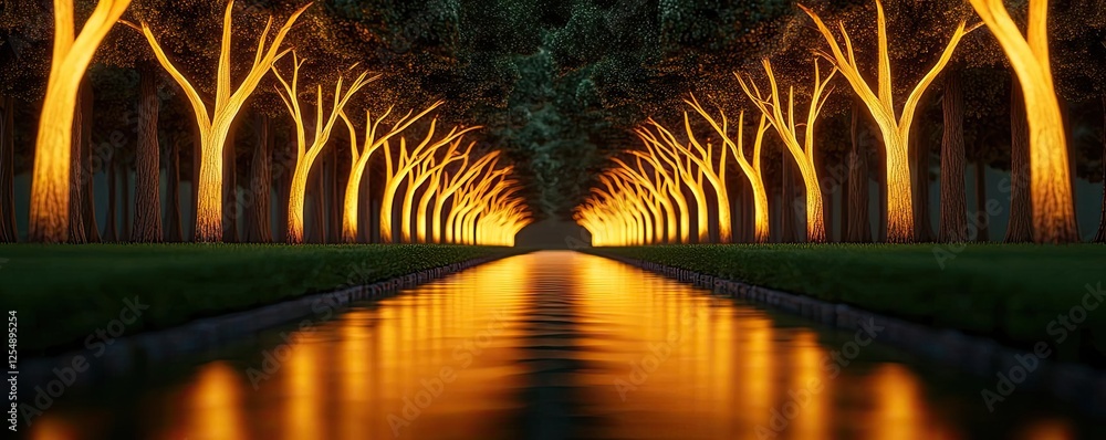 Poster glow forest idea. elegant illuminated trees lining a tranquil waterway at night, creating a serene a