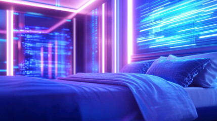 Futuristic neon lit bedroom interior with glowing city skyline through window modern design atmosphere
