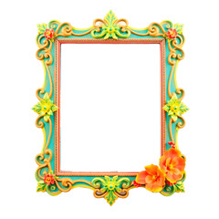 Ornate picture frames in bright colors with intricate details and vintage style