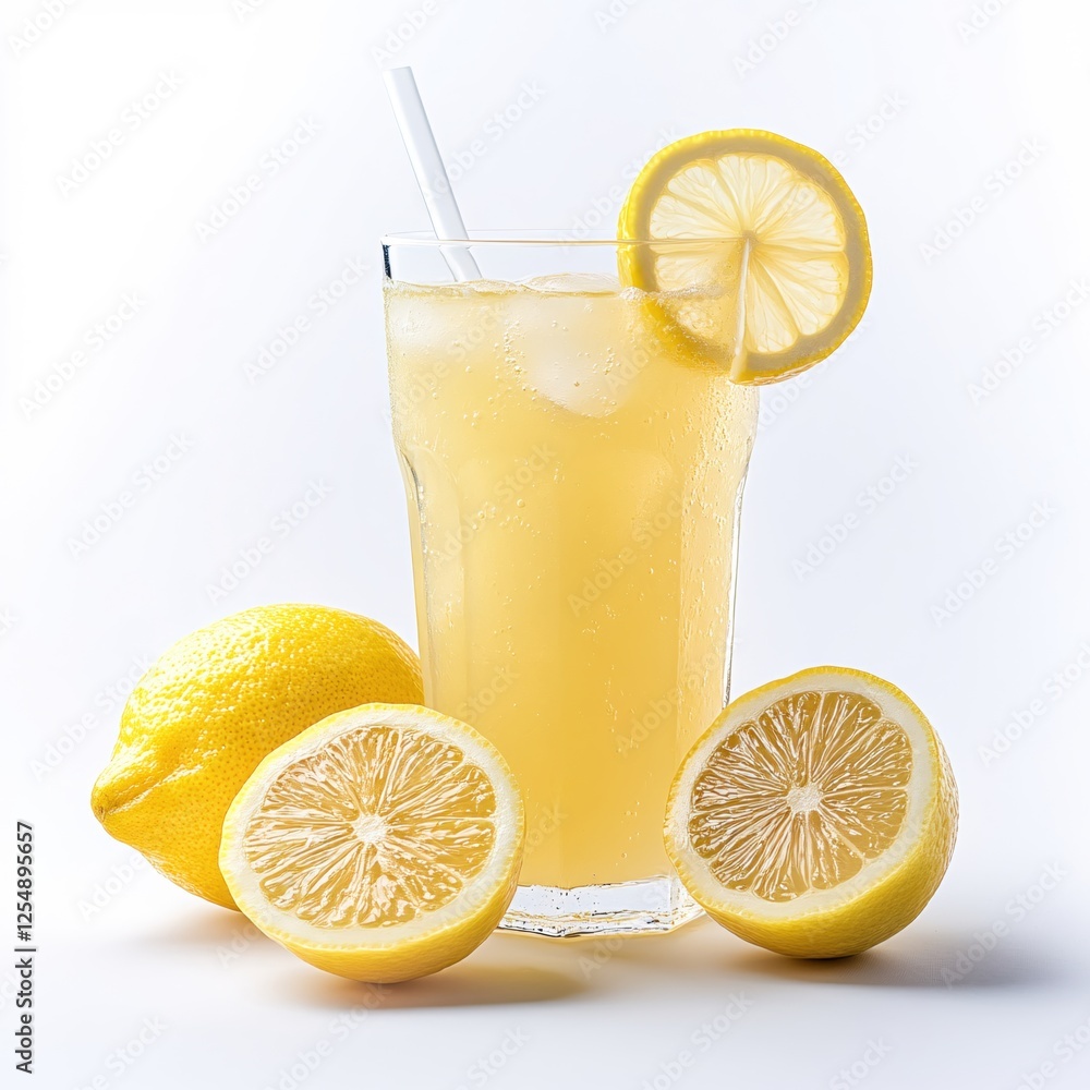 Poster refreshing lemonade with ice cubes and fresh lemon slices on a white background