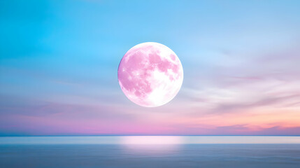 Pink moon over calm ocean at sunset, dreamy romantic landscape for travel posters