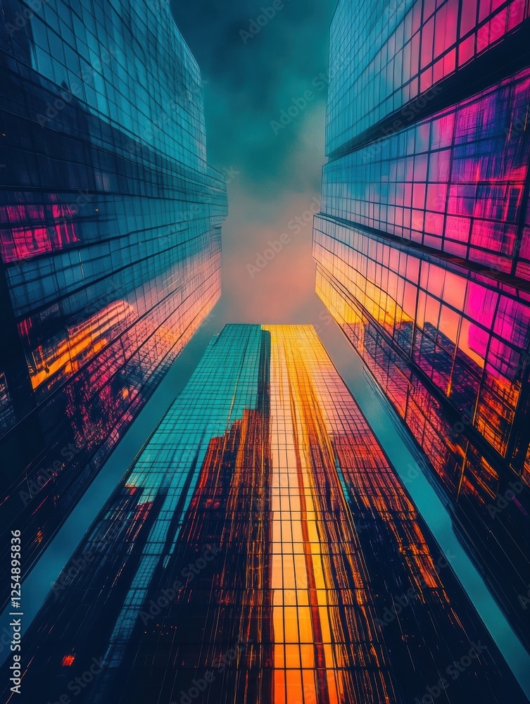 Aufkleber vibrant reflections in a futuristic cityscape with towering skyscrapers under a colorful sky. genera