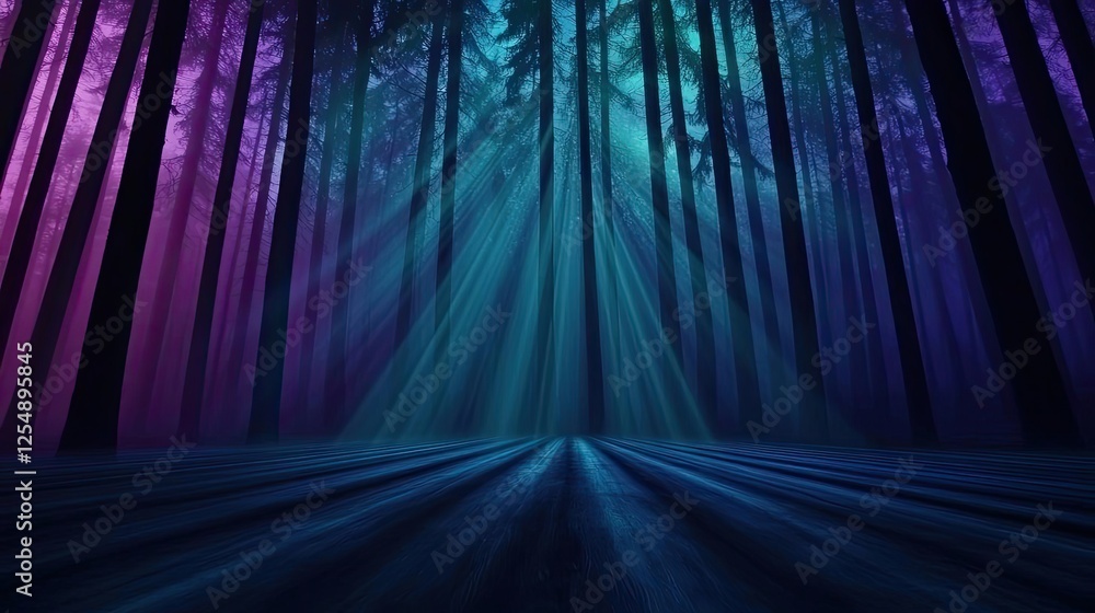 Poster glow forest idea. a mystical forest with vibrant colors and beams of light creating an enchanting at