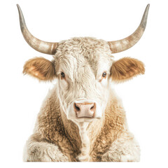 Naklejka premium Captivating Close-Up of a Highland Cow with Unique Features Isolated on White Background