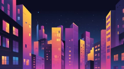 Naklejka premium Vibrant Nightscape: A Retro-Futuristic Cityscape Under a Starry Sky