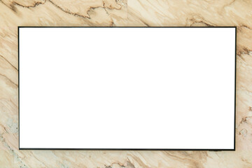 Blank modern TV screen mounted on wooden wall