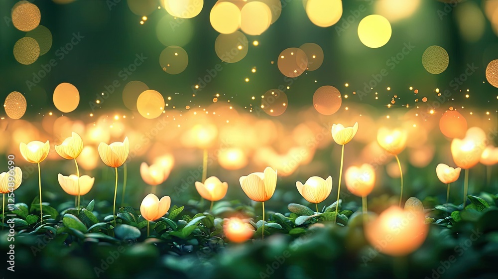 Poster glow forest idea. a serene field of glowing flowers with soft lights creating a magical atmosphere.
