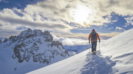 Snowshoeing hiker trekking snowy mountain peak. AI generated