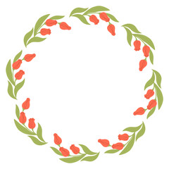 Round Frame with Bouquet Red Tulips. Festive decoration Circle Border Card with Spring Flowers. Vector illustration