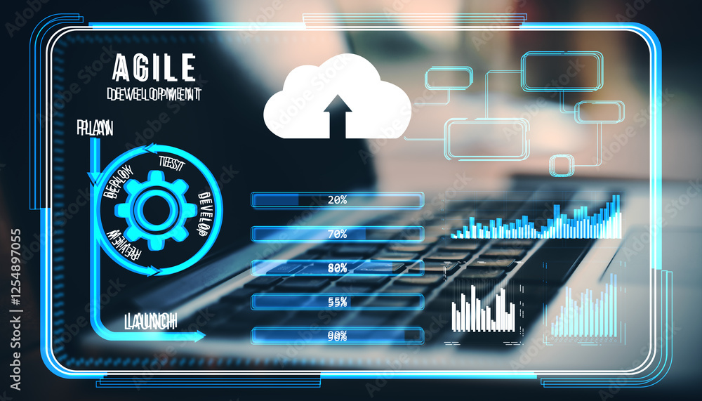 Aufkleber Agile development interface with data visualization on a blurred laptop keyboard background.