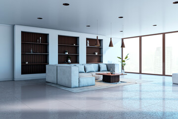 Modern living room interior with large windows and city view. 3D Rendering