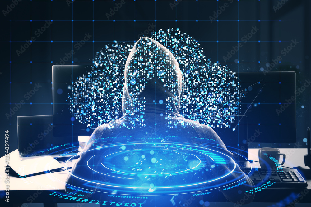 Poster Hacker in hooded figure with digital interface and binary data on glowing cyber network background.
